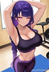 ai_generated alternate_costume armpits arms_behind_head arms_up bangs bare_shoulders black_pants blunt_bangs blush braid braided_ponytail breasts cleavage closed_mouth collarbone dumbbell exercise female gym indoors juliatitusart large_breasts long_hair looking_at_viewer midriff mole mole_under_eye navel pants purple_eyes purple_hair raiden_shogun single_braid smile solo sports_bra sportswear stomach very_long_hair yoga_pants