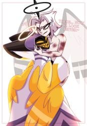 adam_(hazbin_hotel) bite_marks bruised comforting_another hands_on_hips hazbin_hotel holding_face lipstick_mark lute_(hazbin_hotel) self_harm smile