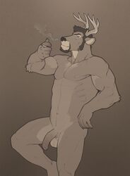 1boy anthro antlers balls biceps big_muscles big_penis black_nose bottomless bubba_varmint cervine clothed clothing deer facial_hair flaccid goatee half-dressed horn looking_at_viewer male male_only mammal medial_ring muscles nipples nude pecs penis smoking solo superslickslasher unaroused uncut