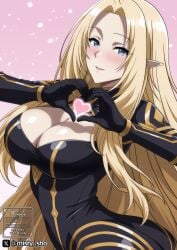 1girls 2026 alpha_(the_eminence_in_shadow) ass blonde_hair blue_eyes blush blushing_at_viewer breasts clothed clothing color colored curvy curvy_female curvy_figure digital_media_(artwork) elf elf_ears elf_female female female_only hair heart hi_res kage_no_jitsuryokusha_ni_naritakute! light-skinned_female light_skin long_hair looking_at_viewer makiri_akira mouth_open pink_background simple_background smile solo the_eminence_in_shadow twitter_username