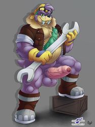 anthro big_penis bottomless chubby clothed clothing eyewear glasses hair half-dressed hat jacket looking_at_viewer male male_only muscles open_clothes open_shirt overweight penis purple_hair quads rotor_the_walrus sash shirt shoes solo teeth tools uncut walrus wolfblade wrench