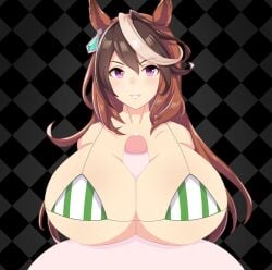 beat_banger beat_banger_(mod) bikini breasts brown_hair horse_girl paizuri paizuri_with_gigantic_breasts precum precum_on_penis purple_eyes smiling striped_bikini symboli_rudolf_(umamusume) umamusume umamusume_pretty_derby