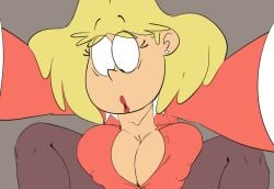 1girls blonde_female blonde_hair breasts cleavage clothed clothed_female earrings female female_focus female_only grey_background light-skinned_female light_skin lipstick looking_down milf nickelodeon nicktoons pokachu_(artist) rita_loud short_hair simple_background solo solo_female solo_focus the_loud_house thick thick_thighs