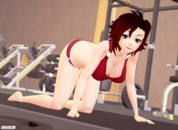 1girls arrancon black_hair black_hair_female cleavage gym gym_clothes gym_uniform on_all_fours red_highlights ruby_rose rwby short_shorts silver_eyes solo_female