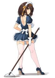 1girls bare_skin blue_high_heels blue_shoes bow bows broom brown_hair cleavage female female_focus female_only frills high_heels looking_at_viewer looking_back_at_viewer maid maid_headband maid_headpiece maid_outfit orange_bow orange_eyes orange_ribbon panties pantyshot pink_stockings ruffles shadow shoes short_brown_hair short_brown_hair_female short_hair smiling smiling_at_viewer stockings suzumiya_haruhi suzumiya_haruhi_no_yuuutsu white_background white_bow white_panties white_ribbon