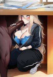 1boy 1boy1girl 1girl ai_generated ass big_ass big_breasts black_body black_panties black_underwear blonde_female blonde_hair blowjob blue_eyes breasts dark-skinned_male dark_skin fellatio female hidden hidden_blowjob ksyra ksyraarts long_hair school schoolgirl simple_background very_dark_skin