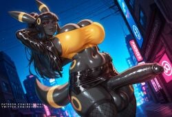 1futa ai_generated animal_ears arm_behind_head black_hair black_jacket black_lips black_skirt black_thighhighs blunt_bangs breasts building city cleavage colored_sclera colored_skin crop_top dark_skin dutch_angle erection facial_mark fishnet_thighhighs fishnets furrification furry furry_female futanari grey_skin hand_on_own_hip hoop_earrings huge_breasts huge_cock jacket large_breasts large_penis leather leather_jacket long_hair looking_at_viewer midriff miniskirt navel night night_sky one_eye_closed open_clothes open_jacket orange_shirt outdoors parted_lips pencil_skirt penis personification pokemon pokemon_(creature) pokemon_ears ponytail power_lines red_eyes red_sclera reiqunai shiny_clothes shiny_skin skindentation skirt sky smile solo standing star_(sky) sweat tail testicles thick_thighs thighhighs thighs umbreon uncensored veins veiny_penis wide_hips