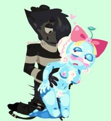 1boy 1boy1girl blot_(dandy's_world) blush bow breasts bubble bubbles cherry cherry_on_head cum_in_pussy cum_inside cum_out_pussy dandy's_world dandys_world details female half_naked hands_on_chest in_love ink naked poppy_(dandy's_world) roblox roblox_game simple_background smudged_makeup striped_sweater tentacle_in_pussy toons_(dandys_world)