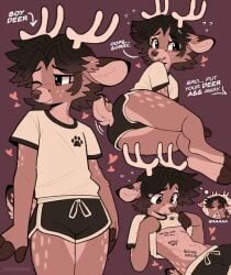 animal_ears animal_humanoid animal_nose antlers bite_mark brown_eyes brown_hair dark_brown_hair deer deer_boy deer_ears deer_tail dialogue furry hair image jayrnski jpg shirt shirt_lift shirt_up text thighs