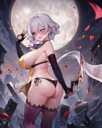 absurdres ass black_gloves black_panties breasts chinese_commentary commentary commission copyright_request dagger female fingerless_gloves full_moon gloves grey_hair hand_up highres holding holding_dagger holding_knife holding_weapon knife large_breasts looking_at_viewer looking_back mole mole_under_eye moon night no_pants open_mouth outdoors panties petals pixiv_commission purple_thighhighs red_eyes short_hair side-tie_panties sideboob solo standing tabard thighhighs underwear w weapon wind yellow_tabard yoyoleaf