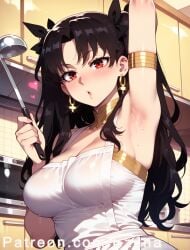 ai_generated apron armpits big_ass big_breasts big_butt big_thighs black_hair blush ezuna fate/grand_order fate_(series) huge_ass huge_butt huge_thighs ishtar_(fate) medium_breasts red_eyes twintails wanuze white_apron wide_hips