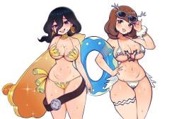 2026 2girls absurdres bikini blush breasts cleavage ear_piercing earrings eduedude female female_only hair_between_eyes hex_maniac hex_maniac_(pokemon_legends:_z-a) highres large_breasts light-skinned_female light_skin navel occult_maniac occult_maniac_(pokemon) occult_maniac_(pokemon_legends:_z-a) occult_maniac_(z-a) open_mouth pokemon pokemon_legends:_z-a pokemon_oras purple_eyes purple_hair sunglasses sweat swimmer_(pokemon) swimmer_(pokemon_oras) swimsuit thick_thighs white_background
