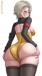 1girls ass ass_focus back back_view blush bunnysuit female female_only from_below girls'_frontline girls'_frontline_2:_exilium gold_bunnysuit grey_hair looking_at_viewer looking_back makslus short_hair shrug thighhighs vector_(girls'_frontline) vector_(girls'_frontline_2) vector_(molotov_bunny)_(girls'_frontline_2) viewed_from_below yellow_eyes