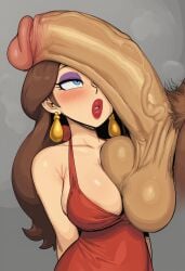 ai_generated big_balls big_breasts big_cock blush cleavage cock_on_face cock_on_head cock_worship curvy donkey_kong_(character) donkey_kong_(series) fully_clothed interspecies looking_up mario_(series) nintendo pauline pauline_(mario) size_difference