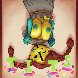 1:1 1girls 2d 2d_(artwork) belly belly_button blush braided_twintails breasts confetti dot_eyes drooling ena_(series) ena_dream_bbq korean_heart large_breasts leafbite lifted_top looking_at_viewer mitu_(dream_bbq) rope rope_around_neck saliva self_upload simple_background squeezing squeezing_breast teal_nipples teal_skin tongue tongue_out upside-down video_game_character video_games wink winking_at_viewer yellow_skin