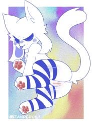 4_ears anus ass bedroom_eyes blue_clothing blue_eyes blue_inner_ear blue_legwear blue_thigh_highs blush clitoris clothing clyde_(discord) discord_(app) domestic_cat felid feline felis female feral fur genitals hand_on_chest humanoid_genitalia humanoid_vulva legwear lying mammal mostly_nude multi_ear narrowed_eyes navel on_side open_mouth pawpads presenting presenting_hindquarters rear_view seductive solo thigh_blush thigh_highs tongue tongue_out vulva white_body white_fur worried zander067