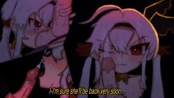 1boy 1girls alice_sawyer balls_sucking bite bite_mark cum cum_on_face english_text fellatio handjob indie_virtual_youtuber nipples ray_rabenstein royalspeedwagon subtitled text virtual_youtuber white_hair