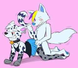 all_fours ambiguous_gender anthro blush canine closed_eyes collar crossdressing doggy_style duo dweet-tea from_behind male male_only mammal multiple_males nude pawpads paws piercing plain_background pull sex simple_background smile wolf yaoi