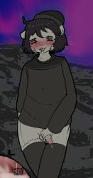 alien ambiguous_gender ambiguous_prey anthro aurora_(phenomenon) balls beanie black_clothing black_hair black_legwear black_thigh_highs blush bodily_fluids clothing cock_vore cum directional_arrow drug_usage drugs eye_bags femboy foreskin genital_fluids genitals grabbing_own_penis grey_body group hair hat headgear headwear herrug hi_res inside_balls internal legwear macro male masturbation micro multi_eye notoruun oral_vore penile penis penis_grab pills teruni-inamor thigh_highs tongue tongue_out trio vore