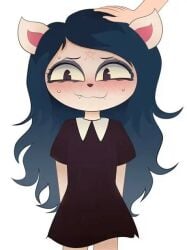 1boy 1girls animal_humanoid blush cat_ears cat_girl cat_humanoid catgirl claire_(the_summoning) cute cute_expression cute_face cute_female cute_girl female hand_on_head sweaty_face the_summoning tusks