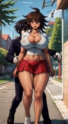 1boy 1boy1girl 1girls ai_generated athletic athletic_female breasts brown_hair danganronpa dark-skinned_female dark_skin female full_body green_eyes huge_breasts looking_at_viewer owari_akane red_skin school_uniform tagme tan thick_thighs white_shirt zakvar