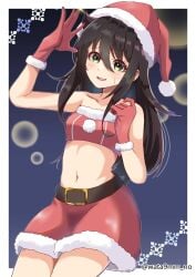 1girls 2d 2d_(artwork) 2d_artwork arm_above_head arm_up belly belly_button black-haired_female black_hair blue_background breasts christmas christmas_clothes christmas_clothing christmas_costume christmas_dress christmas_gloves christmas_hat christmas_headwear christmas_outfit christmas_topwear collarbone dark_background digital digital_art digital_drawing digital_drawing_(artwork) digital_media digital_media_(artwork) drawing elbows female female_focus female_only fingers green-eyed_female green_eyes hair_between_eyes hand_above_head hand_up head_tilt high_resolution highres kuroki_tomoko lean_figure legs_closed legs_together long_hair looking_at_viewer midriff narrow_waist navel nervous nervous_expression nervous_face nervous_female nervous_smile open_mouth open_mouth_smile parted_lips petite petite_body petite_breasts petite_female petite_girl petite_tits posing posing_for_the_viewer red_skirt shoulders shy shy_expression shy_female shy_girl shy_smile simple_background skirt slender_body slender_waist slim_waist small_breasts smile smiley_face smiling smiling_at_viewer solo standing thighs thighs_together tilted_head tongue upper_body wata9mm_no watashi_ga_motenai_no_wa_dou_kangaetemo_omaera_ga_warui! waving waving_at_viewer waving_hand wide_hips
