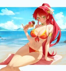 1girl beach beach_background beach_towel big_breasts bikini breasts child_bearing_hips circlet cleavage green_eyes huge_breasts hymin_art ice_cream ice_cream_on_breasts light-skinned_female light_skin long_hair looking_at_viewer ocean ponytail pyrrha_nikos red_bikini red_bikini_bottom red_bikini_top red_bra red_hair red_panties redhead redhead_female rooster_teeth rwby sand seaside voluptuous