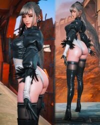 1girls 3d black_hair black_leotard breasts cleavage cosplay crossover_cosplay eve_(stellar_blade) female female_only leotard long_hair looking_at_viewer multicolored_leotard nier nier:_automata nier_(series) selfie solo stellar_blade watermark white_leotard yorha_2b_(cosplay)