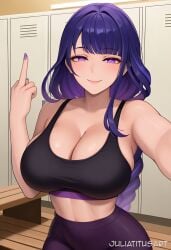 ai_generated alternate_costume artist_name bangs bare_shoulders blush braid braided_ponytail breasts cleavage closed_mouth collarbone female high-waist_pants indoors juliatitusart large_breasts locker locker_room long_hair looking_at_viewer midriff mole mole_under_eye nail_polish pants purple_eyes purple_hair purple_nails raiden_shogun reaching_towards_viewer selfie smile solo sports_bra sportswear yoga_pants