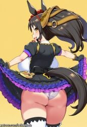 ai_generated animal_ears back_view big_breasts black_hair bright_eyes costume curly_hair female horse_girl marvelous_sunday_(umamusume) outfit ribbon shobu-fuku_(umamusume) thighs twintails umamusume umamusume_pretty_derby white_panties yellow_eyes
