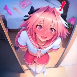 ! 1:1 1femboy ai_generated arms_behind_back astolfo_(fate) background bed bedroom blush blush_lines blushing_at_viewer blushing_profusely boner braid braided_hair braided_ponytail caught caught_in_the_act clothing color condom condom_wrapper crop_top crossdressing day dildo dildo_in_background dildo_on_bed door doorway embarrassed embarrassed_male erect_penis erection erection_under_clothes exclamation_point eyelashes eyes_wide_open facing_viewer fate_(series) femboy femboy_focus femboy_only femboysub from_above front_view full_body fully_clothed hair_ornament hair_ribbon hands_behind_back hard_on hi_res hiding_erection highres indoors inside izacru0 knees_together_feet_apart leaning_forward long_hair looking_at_viewer looking_pleasured looking_up midriff now open_mouth otoko_no_ko penis_bulge penis_under_clothes penis_under_skirt petite pink_clothing pink_dildo pink_eyes pink_hair pleated_skirt ponytail raised_eyebrows ribbon school_uniform serafuku sex_toy shy skirt solo solo_focus solo_male standing surprised surprised_expression thighhighs very_high_resolution wide_eyed