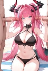 1girls ai_generated arknights arknights:_endfield beach beach_background belly_button bikini bikini_bottom bikini_top black_bikini chitoque dragon_girl dragon_horns dragon_tail handjob horns large_breasts large_penis mature_female multiple_boys pink_eyes pink_hair public shiny_skin smile smiling_at_viewer thick_thighs uncensored yvonne_(arknights_endfield)