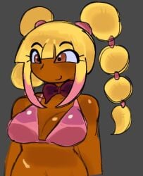 1girls bikini blonde_hair breast_expansion breasts brown_eyes chalkpaste crystal_(mii) crystal_(tomodachi_life:_living_the_dream) dark-skinned_female dark_skin gradient_hair grey_background gyaru large_breasts long_hair mii nintendo nipples pink_bikini pink_hair simple_background solo teeth tomodachi_life tomodachi_life:_living_the_dream