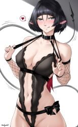 1girls animal_ears armwear big_breasts black_hair blush breasts cleavage collar female female_only fishnet fishnet_armwear fishnets green_eyes hair heart jane_doe_(zenless_zone_zero) lace lace_trim lingerie motion_lines nail_polish nails neckwear official_alternate_costume rat_ears rat_girl rat_tail red_nail_polish red_nails ribbon smile solo solo_female speech_bubble spoken_heart tongue tongue_out white_background zealyush zenless_zone_zero