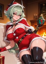 2025 ai_generated anime bangs belt black_belt black_choker black_thighhighs box breasts caesar_king caesar_king_(zenless_zone_zero) candle capelet choker christmas christmas_tree cleavage closed_mouth couch covered_nipples crossover dress earrings elbow_gloves eye_contact female female_focus fire fireplace fur_trim gift gift_box gloves green_hair hair_accessory hair_between_eyes hair_ornament handwear hat highres holding hoyoverse huge_breasts indoors inside jewelry large_breasts long_hair looking_at_viewer lying mihoyo neutral_expression nsfw on_side patreon red_capelet red_dress red_gloves rognezart santa_costume santa_hat smile smiling solo strapless thick_thighs thighhighs thighs very_long_hair yellow_eyes zenless_zone_zero