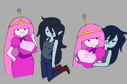 adventure_time big_breasts breast_grab cleavage cleavage_cutout clothed grope groping groping_breasts groping_from_behind marceline princess_bubblegum smug smug_face sqwunx_(artist) yuri