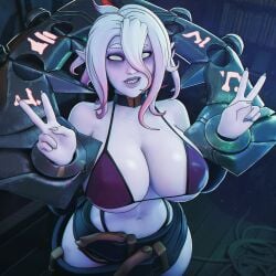 1girls absurd_res absurdres alternate_breast_size barely_contained barely_contained_breasts bikini bikini_top breasts briar_(league_of_legends) busty busty_female clothed_female double_v double_v_sign female female_focus female_only grinning grinning_at_viewer hi_res huge_breasts league_of_legends looking_at_viewer medium_hair pillory pointy_ears riot_games sfrinzy sharp_teeth short_shorts shorts solo solo_female tagme v_sign