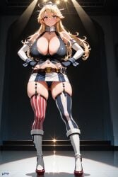 1girls ai_generated ass_visible_through_thighs blonde_hair blue_eyes blue_panties breasts female female_only garter_straps hands_on_own_hips hi_res highres huge_breasts iowa_(kantai_collection) kantai_collection microskirt navel panties pantsu rzno skirt solo solo_female standing striped_thighhighs thighhighs tied_shirt