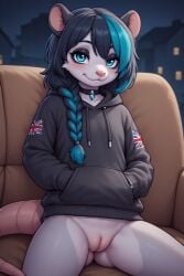 ai_generated anthro black_hair blue_eyes bottomless_female braided_hair choker eyeshadow female furry goth grey_body living_room night opossum plump_labia pussy spread_legs young