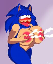 2014 anthro areola big_breasts blue_hair blush breasts erect_nipples female green_eyes hair hedgehog huge_breasts lactation mammal milk nipples nude rule_63 sega solo sonic_(series) sonic_the_hedgehog supersonicrulaa