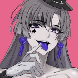 1girls black_hair breasts close-up close_up earrings female grey_hair grey_skin hat highres lilith_(punishing:_gray_raven) mechanical_arm nude pale_skin punishing:_gray_raven purple_eyes purple_tongue robot_girl solo spade_tattoo tattoo tongue_out two-tone_hair white_skin