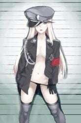 against_wall alternate_costume armband bismarck_(kantai_collection) black_gloves black_legwear black_panties blonde_hair breasts coat collarbone contrapposto cowboy_shot expressionless female gloves green_eyes hat height_chart highres iron_cross kantai_collection kirisato_itsuki lips lipstick long_hair looking_at_viewer lowleg lowleg_panties makeup micro_panties military military_uniform mound_of_venus naked_coat navel no_bra no_pants one_eye_covered open_clothes open_coat panties panty_pull peaked_cap red_lipstick shadow sideways_hat solo thighhighs underwear uniform very_long_hair