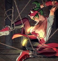 1girls blush bumaden chained chains fox_mask gloves green_hair highres kiriko_(overwatch) large_breasts nipple_stimulation nipples overwatch overwatch_2 solo solo_female spread_legs tagme talisman