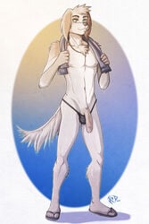 anthro canine clothed clothing half-dressed half-erect humanoid_penis kadath kadath_universe looking_at_viewer male male_only mammal necklace penis sebastian_(kadath) skimpy solo speedo standing swimsuit topless towel uncut