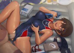 1boy 1girls 2d black_eyes black_hair boobs breasts censored censored_penis cock competition_swimsuit dark-skinned_male dark_skin dick female female_focus grabbing grabbing_own_breast hair human kuronami_(lvi) lvi male male/female mosaic_censoring oc one-piece_swimsuit original original_character penis pubes pubic_hair sex sexual_intercourse short_hair swimsuit swimsuit_aside swimwear tan tan_body tan_skin tanline tanned tanned_skin unseen_male_face