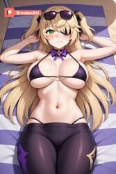 ai_generated beach_background beach_towel big_ass big_breasts big_butt bikini blush brandonsai female female_only fischl_(genshin_impact) full_body fully_clothed genshin_impact hoyoverse huge_breasts mihoyo patreon patreon_logo patreon_username pov