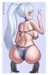 1girls ass ass_focus back back_view backboob big_breasts bikini bikini_bottom bikini_top blush breasts female female_only girls'_frontline girls'_frontline_2:_exilium green_eyes grey_hair high_heels hk416_(girls'_frontline) klukai_(girls'_frontline_2) large_breasts long_hair looking_at_viewer looking_back makslus paid_reward_available ponytail squatting swimsuit v_sign