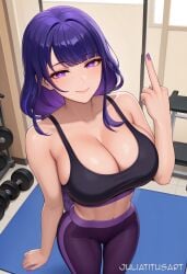 ai_generated alternate_costume bangs bare_shoulders blush braid braided_ponytail breasts cleavage closed_mouth collarbone dumbbell exercise female gym indoors juliatitusart large_breasts long_hair looking_at_viewer middle_finger midriff mole mole_under_eye nail_polish navel pants purple_eyes purple_hair purple_nails raiden_shogun smile solo sports_bra sportswear yoga_pants