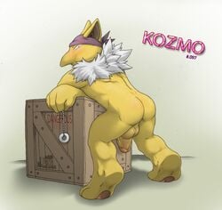 ass backsack balls bent_over blush crate humanoid hypno looking_at_viewer male male_only neck_ruff nintendo nude pendulum penis plain_background pokemon pokemon_(species) rear_view solo standing utx-shapeshifter vein veiny_penis video_games wooden_crate