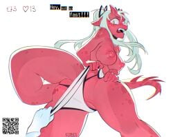 anthro athletic_wear big_breasts bottomwear bra breasts clothing ear_piercing female green_eyes gym_bottomwear gym_shorts hair hi_res kalamurza long_hair piercing qr_code red_body scalie shorts simple_background solo sports_bra sportswear teeth twintails underwear undressing white_background white_hair